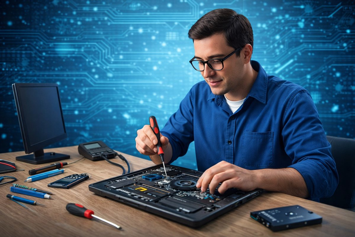 Técnico reparando una notebook en Caseros Buenos Aires